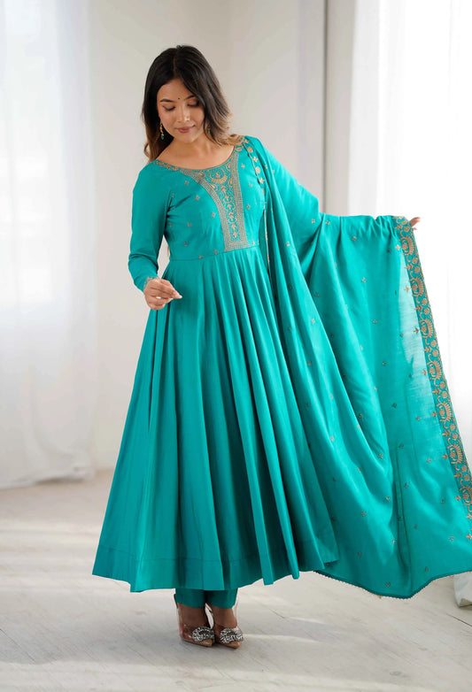 Dark Cyan Silk Gown With Beads Hand Work