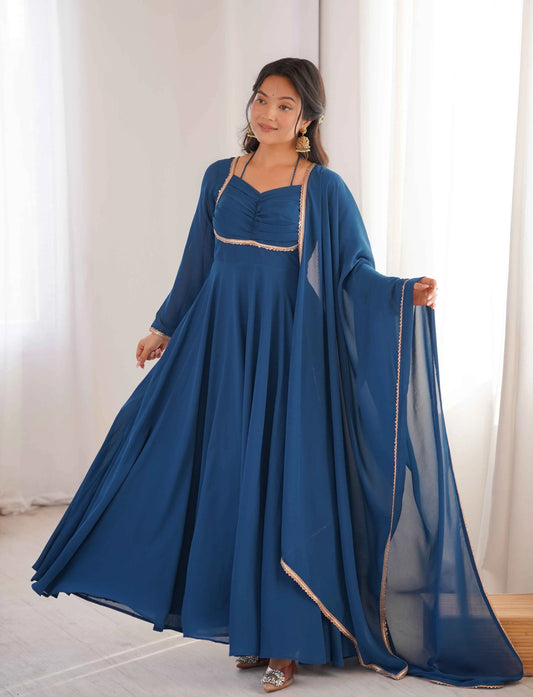 Designer Teal Blue Georgette Gown & Dupatta