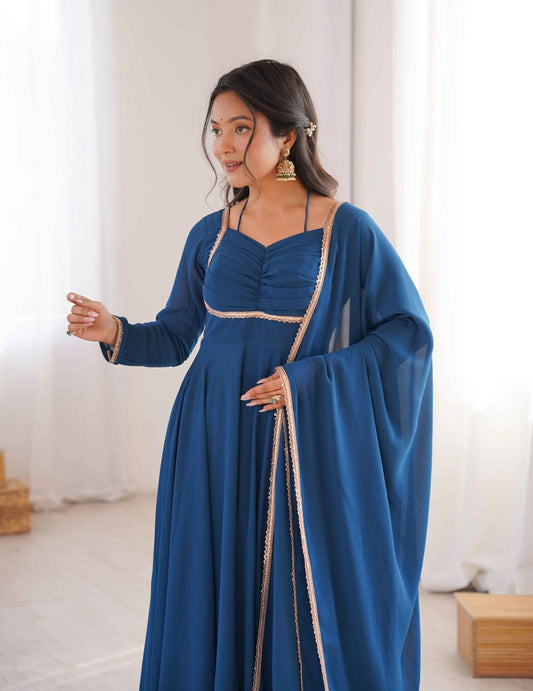 Designer Teal Blue Georgette Gown & Dupatta