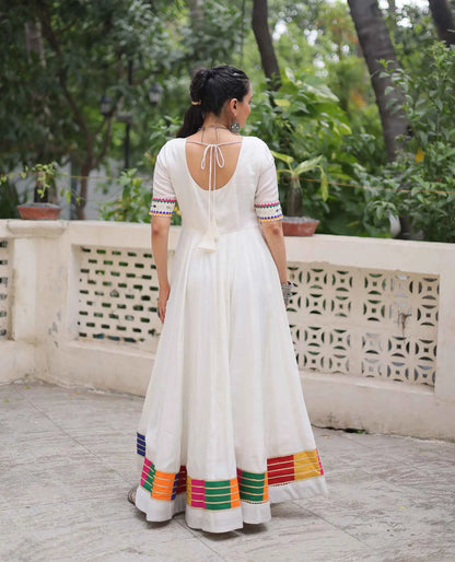 White Multi Thread And Mirror Work With Lace Embellished Navratri Gown