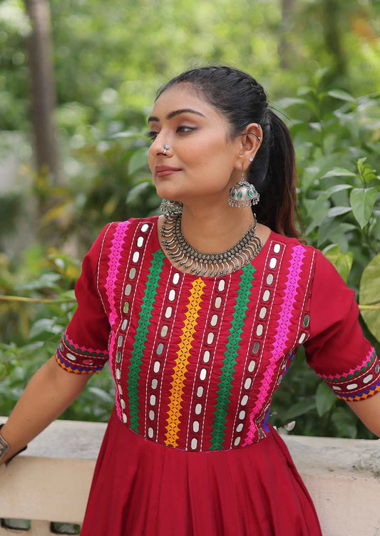 Maroon Multi Thread And Mirror Work With Lace Embellished Navratri Gown