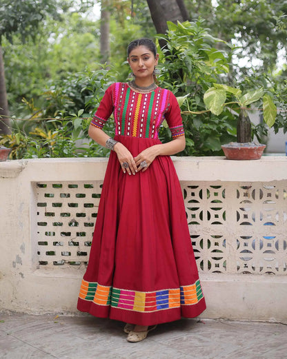 Maroon Multi Thread And Mirror Work With Lace Embellished Navratri Gown