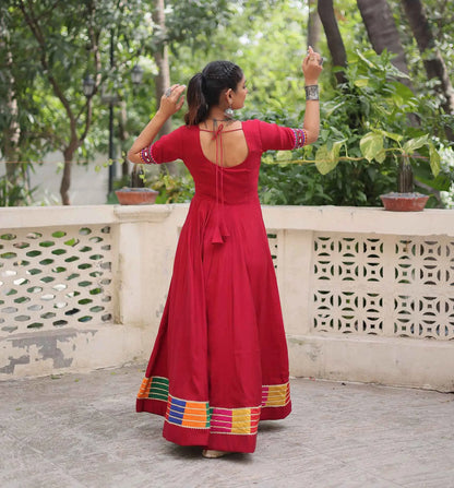 Maroon Multi Thread And Mirror Work With Lace Embellished Navratri Gown