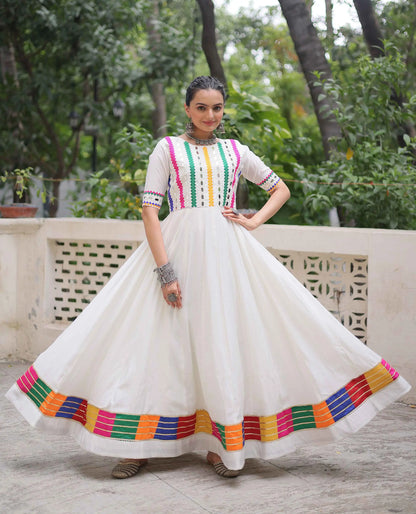 White Multi Thread And Mirror Work With Lace Embellished Navratri Gown