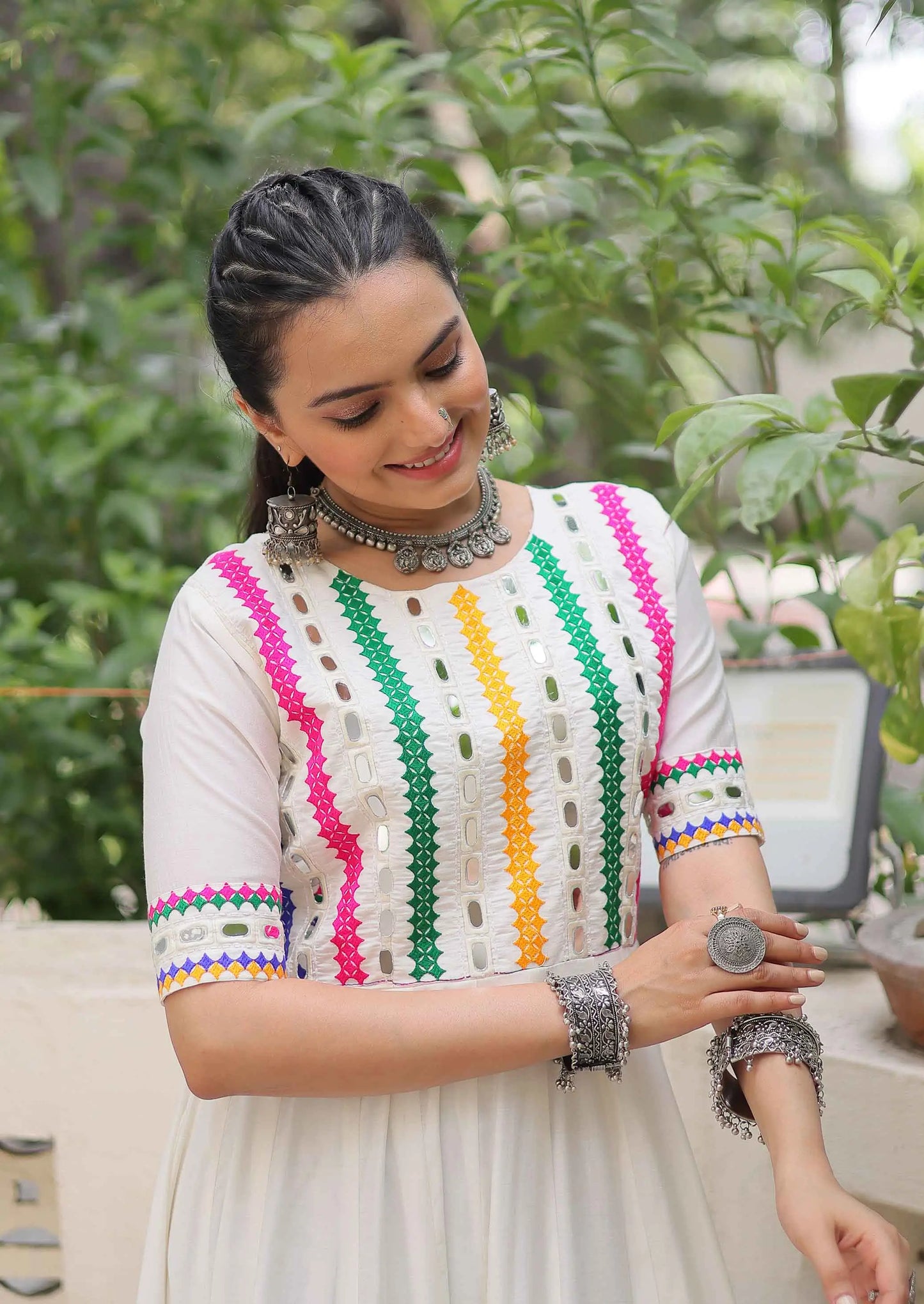 White Multi Thread And Mirror Work With Lace Embellished Navratri Gown