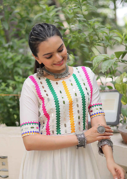 White Multi Thread And Mirror Work With Lace Embellished Navratri Gown
