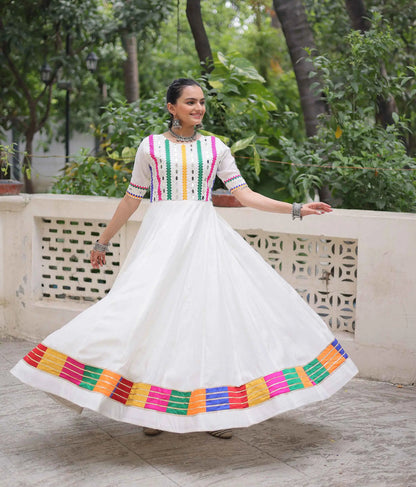 White Multi Thread And Mirror Work With Lace Embellished Navratri Gown