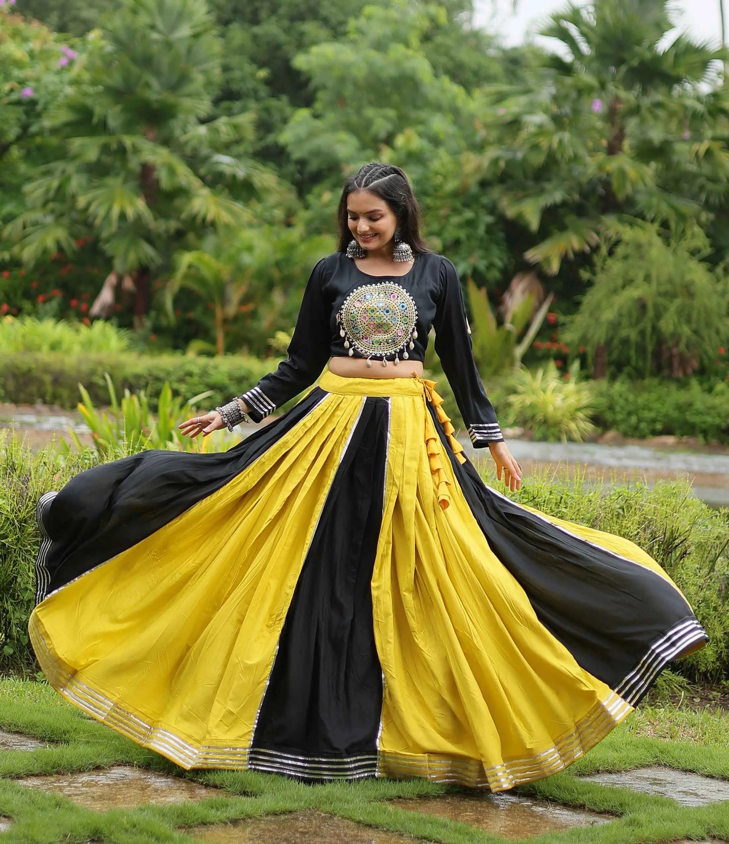 Yellow And Black Navratri Lehenga With Kutchi Gamthi Patch Work