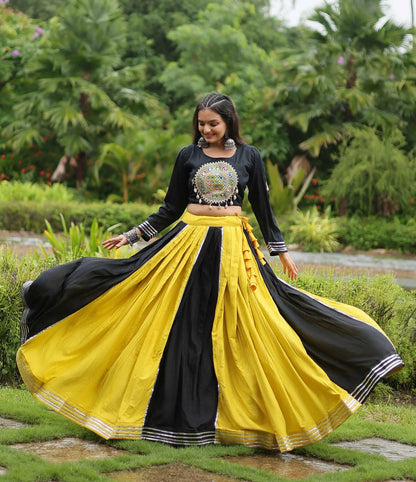 Yellow And Black Navratri Lehenga With Kutchi Gamthi Patch Work