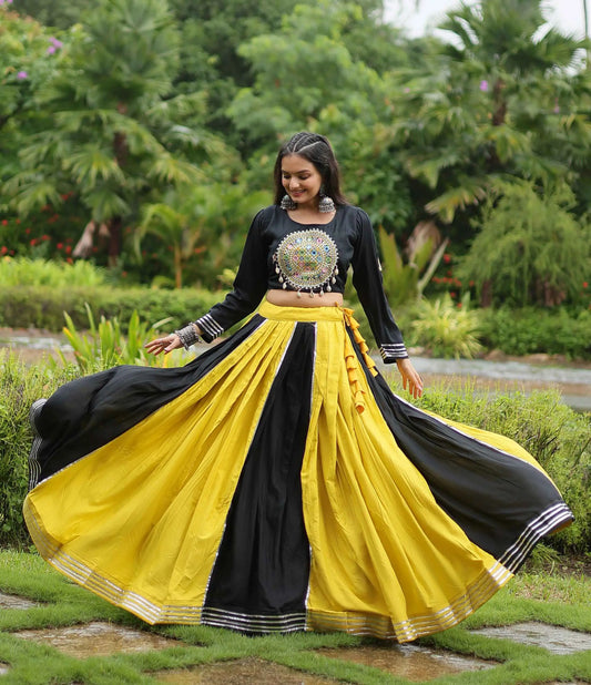 Yellow And Black Navratri Lehenga With Kutchi Gamthi Patch Work