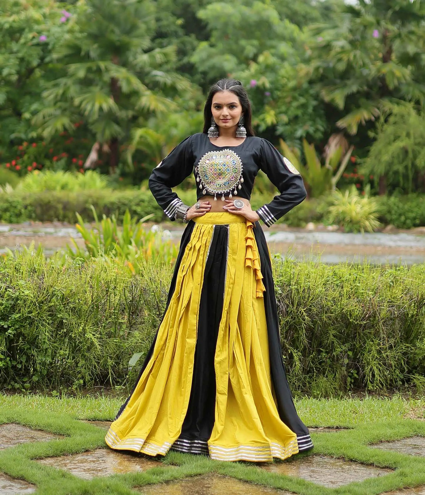 Yellow And Black Navratri Lehenga With Kutchi Gamthi Patch Work