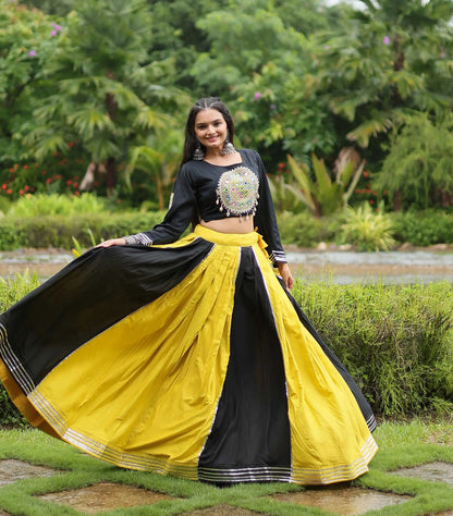 Yellow And Black Navratri Lehenga With Kutchi Gamthi Patch Work