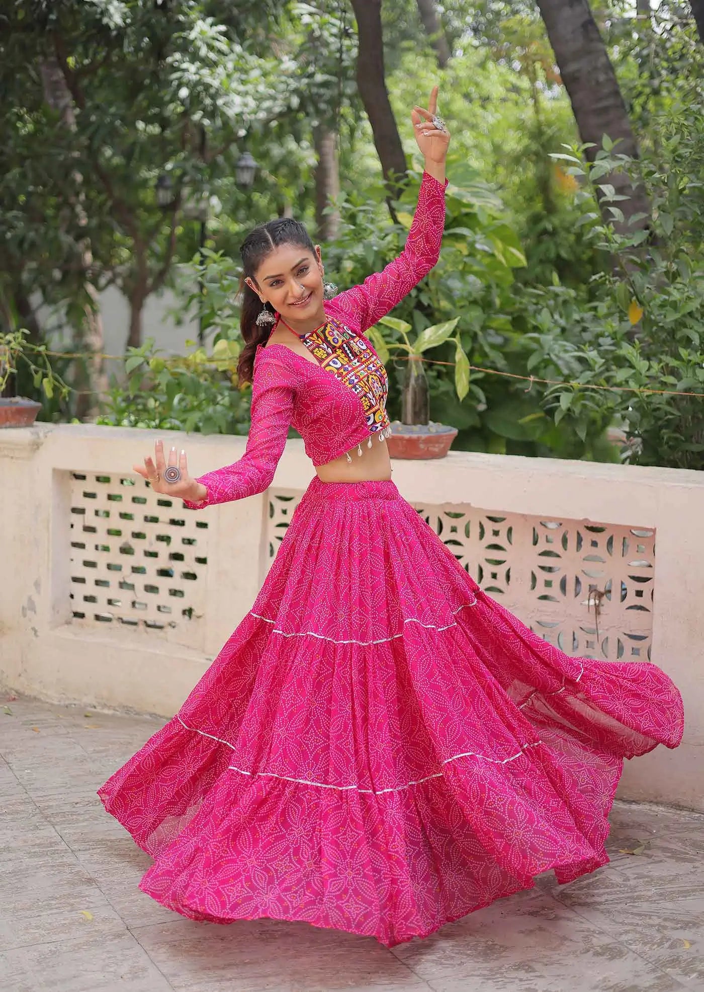 Rani Pink Georgette Bandhej Print With Gamthi Work Navratri Lehenga Choli