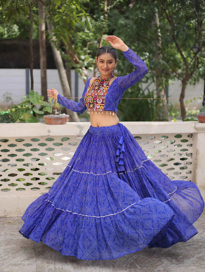 Royal Blue Georgette Bandhej Print With Gamthi Work Navratri Lehenga Choli