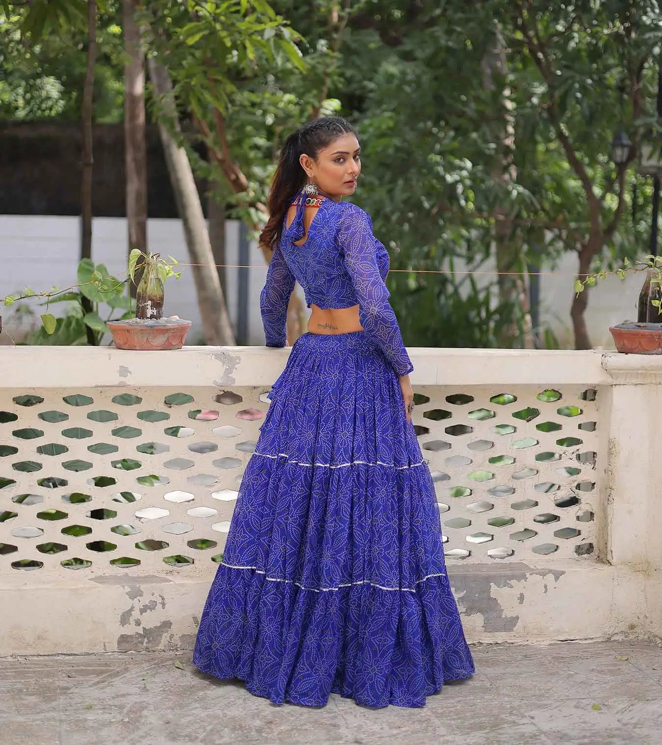 Royal Blue Georgette Bandhej Print With Gamthi Work Navratri Lehenga Choli