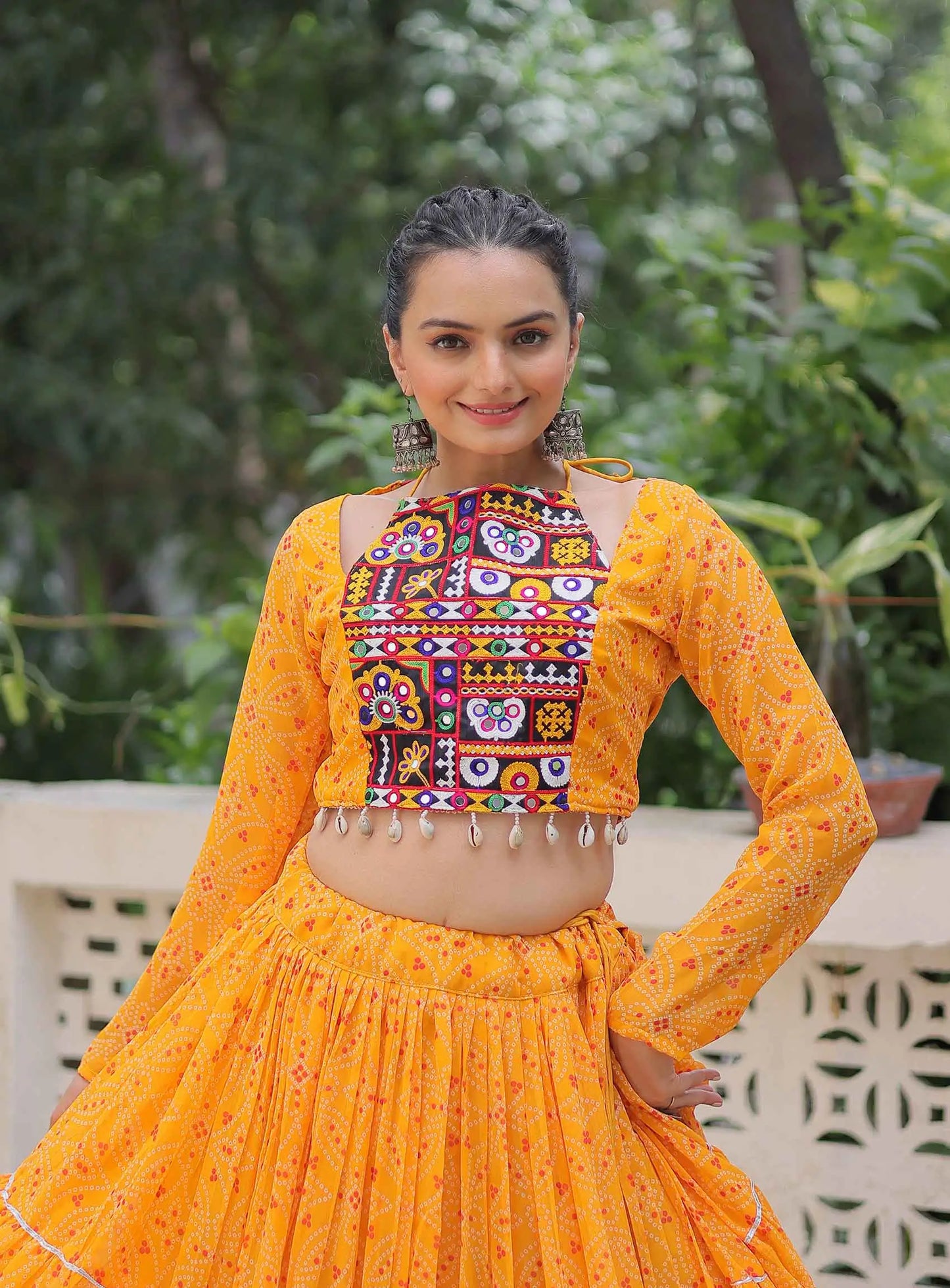 Yellow Bandhej Print With Kutchi Gamthi Work Georgette Navratri Lehenga Choli