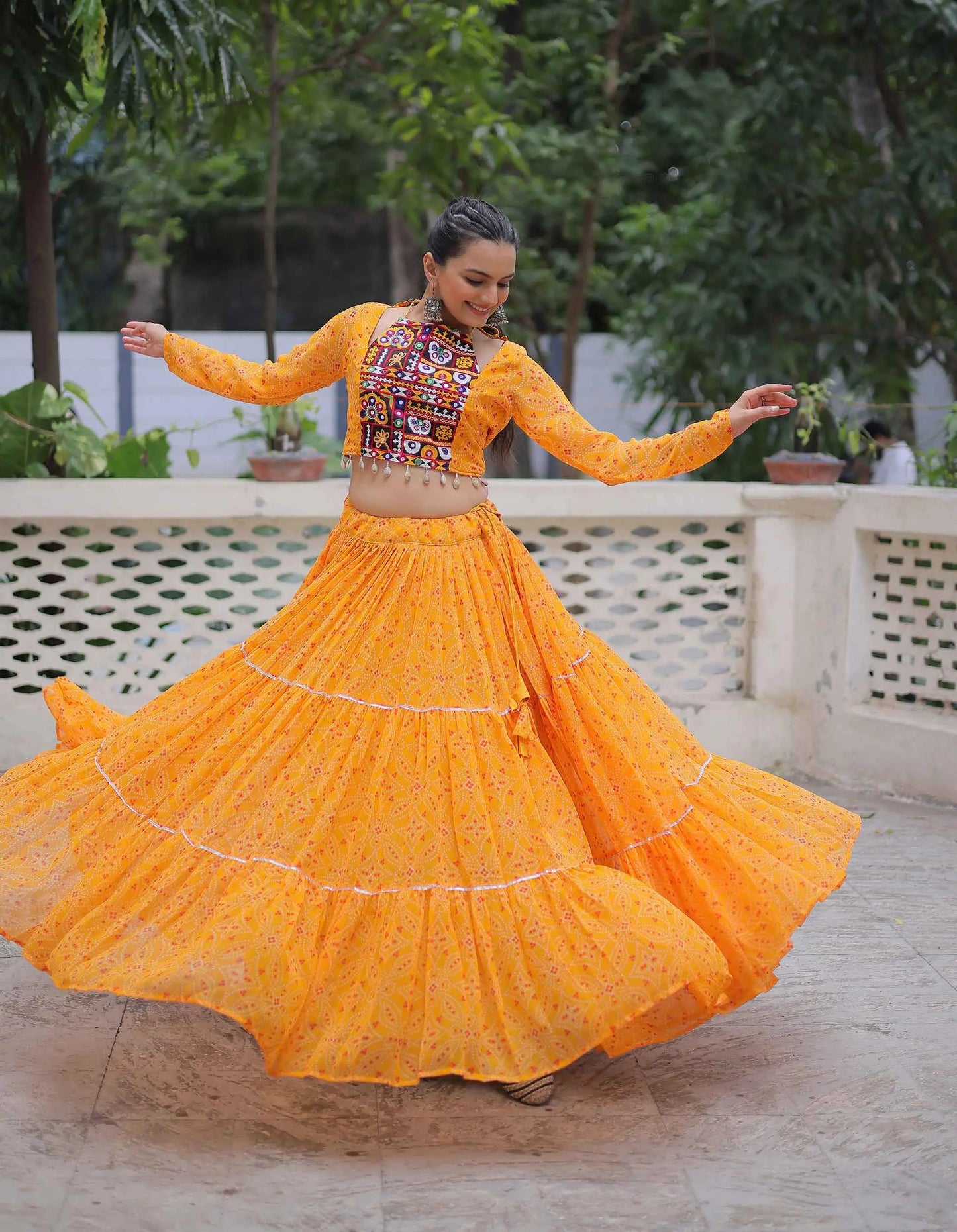 Yellow Bandhej Print With Kutchi Gamthi Work Georgette Navratri Lehenga Choli