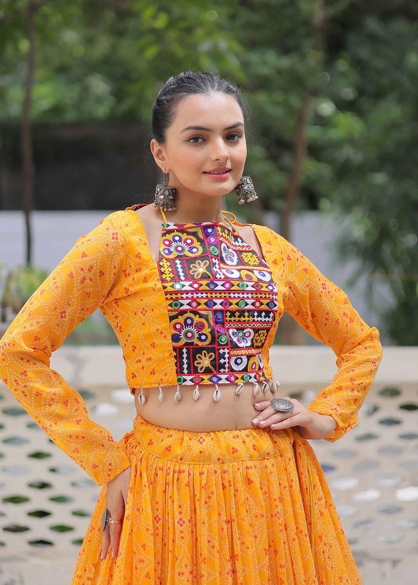 Yellow Bandhej Print With Kutchi Gamthi Work Georgette Navratri Lehenga Choli