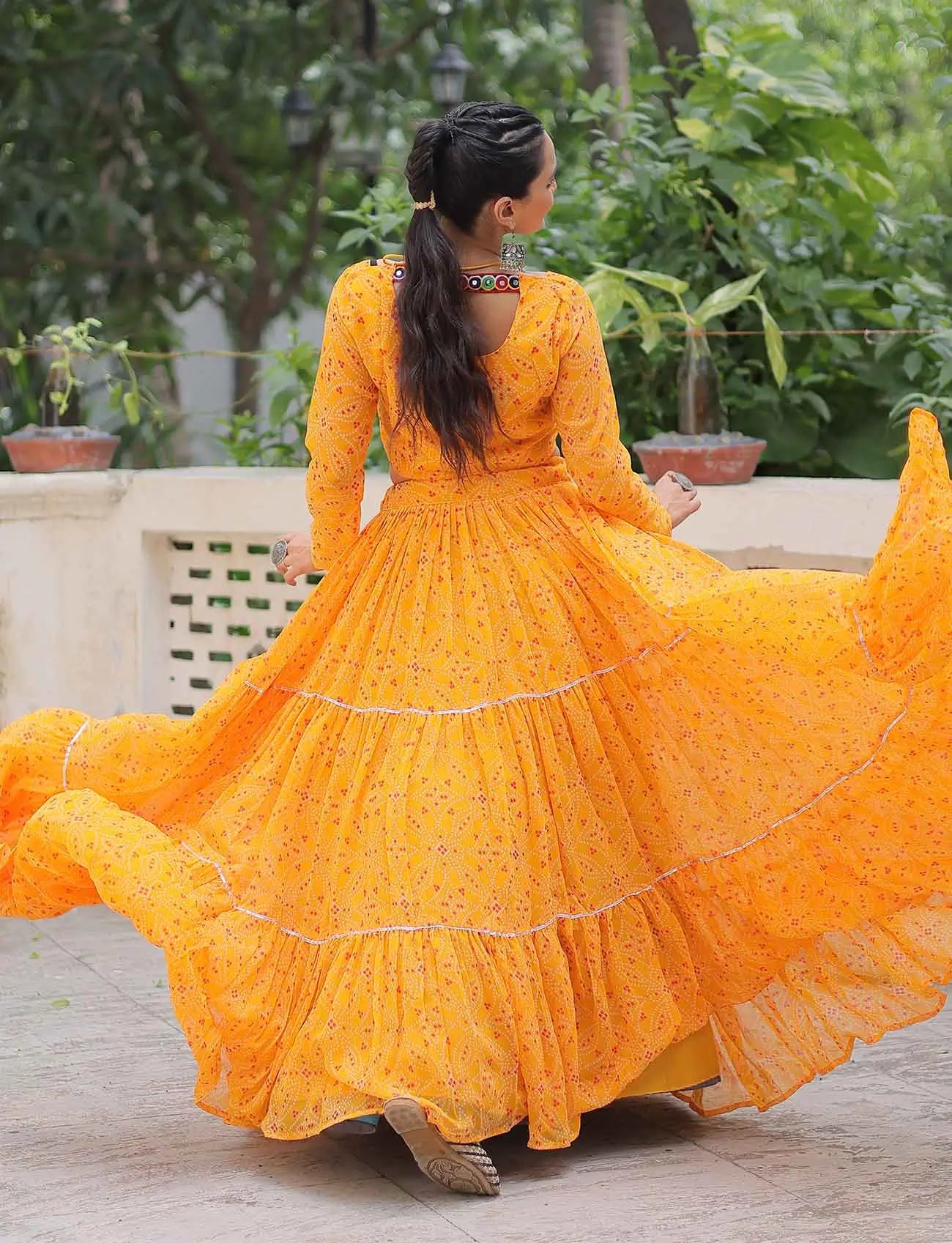 Yellow Bandhej Print With Kutchi Gamthi Work Georgette Navratri Lehenga Choli