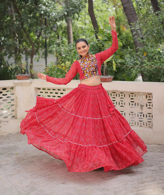 Red Georgette Bandhej Print With Gamthi Work Navratri Lehenga Choli