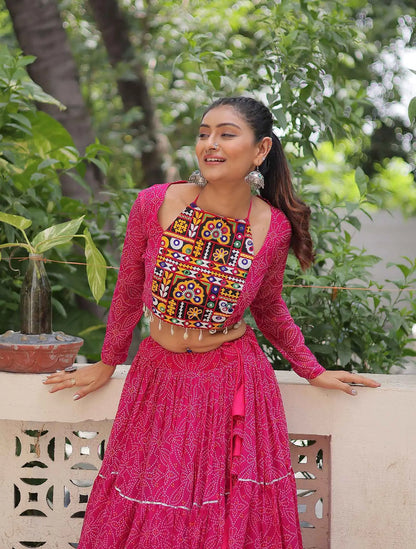 Rani Pink Georgette Bandhej Print With Gamthi Work Navratri Lehenga Choli
