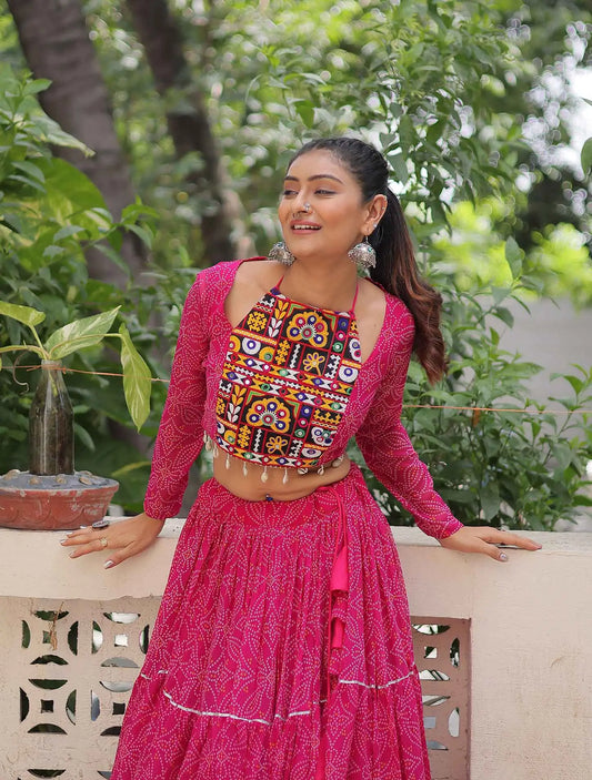 Rani Pink Georgette Bandhej Print With Gamthi Work Navratri Lehenga Choli