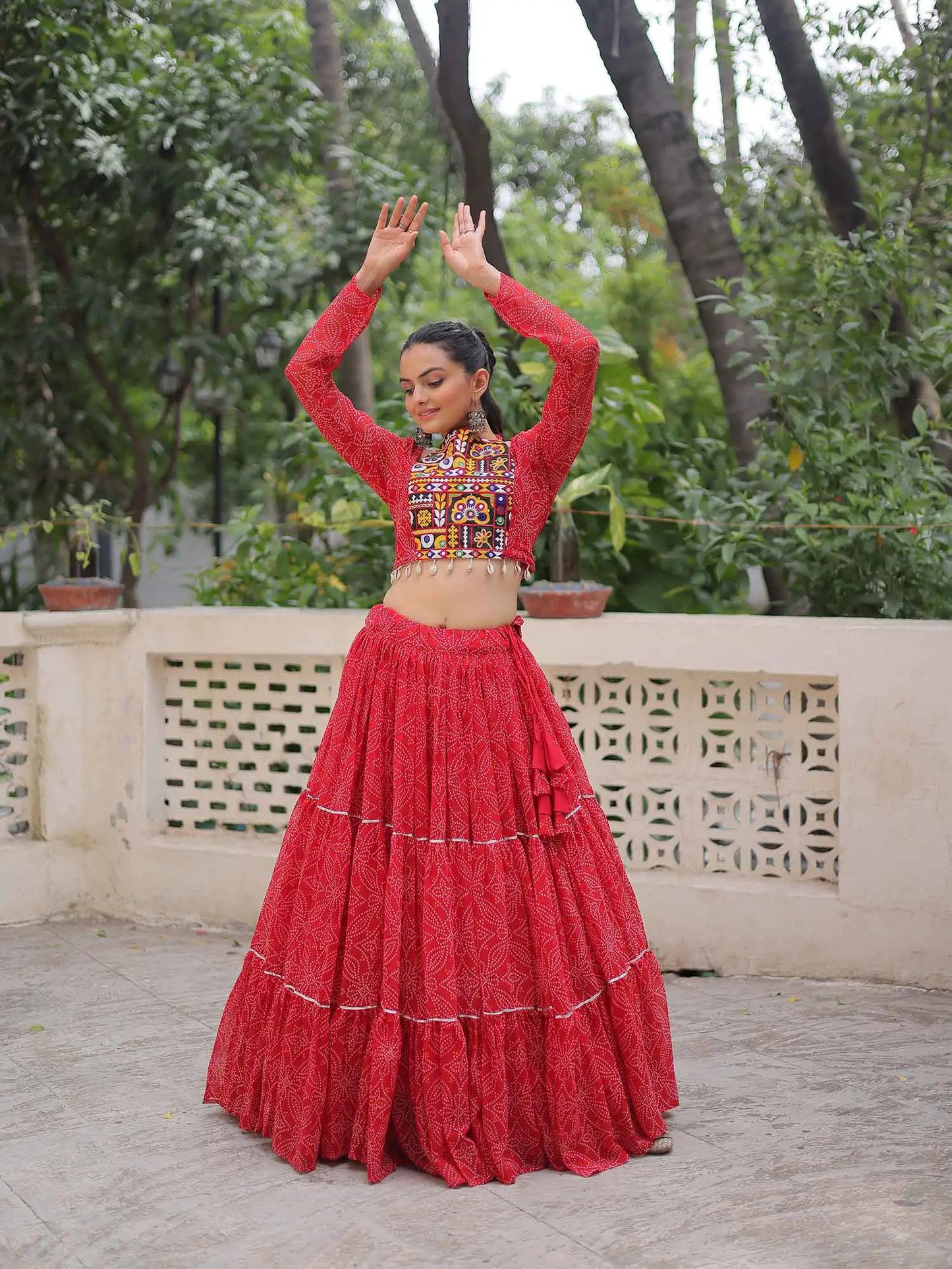 Red Georgette Bandhej Print With Gamthi Work Navratri Lehenga Choli