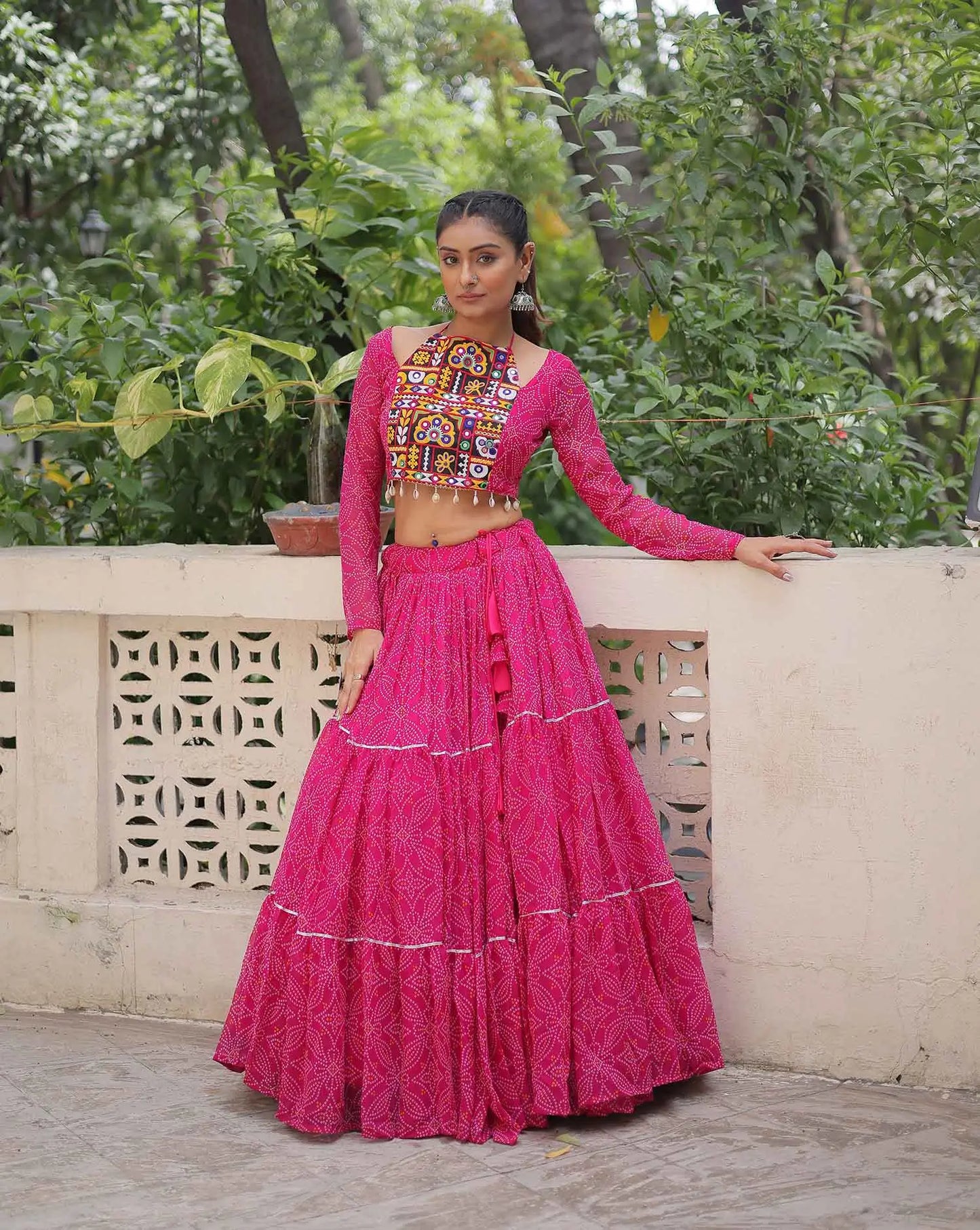 Rani Pink Georgette Bandhej Print With Gamthi Work Navratri Lehenga Choli