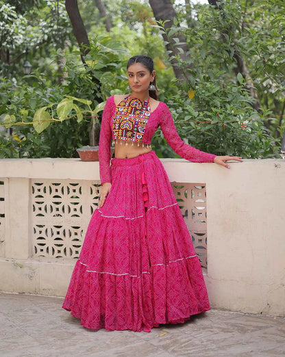 Rani Pink Georgette Bandhej Print With Gamthi Work Navratri Lehenga Choli