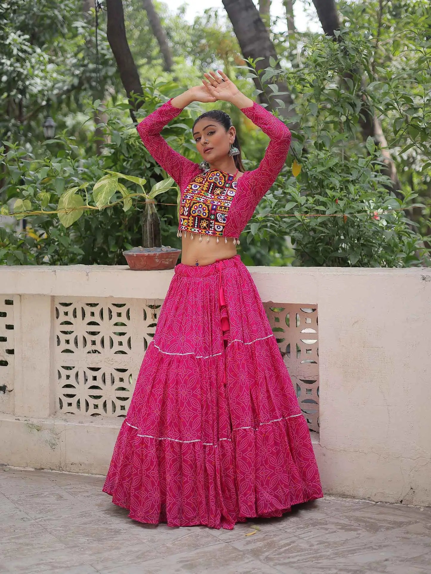 Rani Pink Georgette Bandhej Print With Gamthi Work Navratri Lehenga Choli