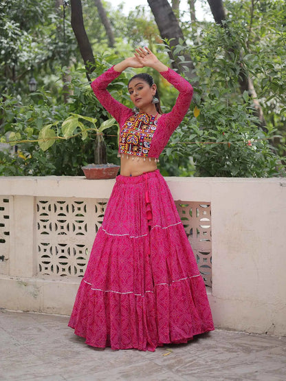 Rani Pink Georgette Bandhej Print With Gamthi Work Navratri Lehenga Choli
