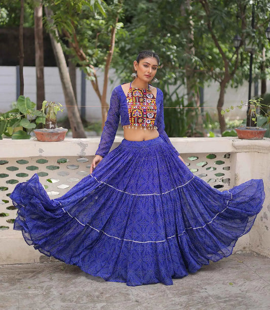 Royal Blue Georgette Bandhej Print With Gamthi Work Navratri Lehenga Choli