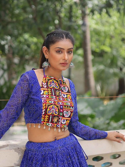 Royal Blue Georgette Bandhej Print With Gamthi Work Navratri Lehenga Choli