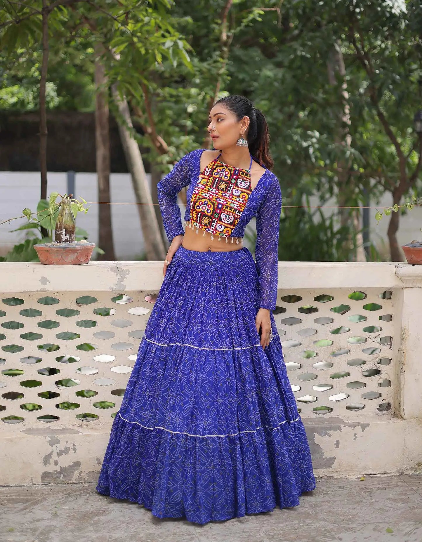 Royal Blue Georgette Bandhej Print With Gamthi Work Navratri Lehenga Choli