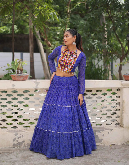 Royal Blue Georgette Bandhej Print With Gamthi Work Navratri Lehenga Choli
