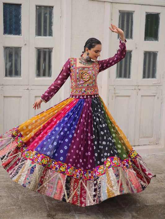 Multi Color Georgette Print With Gamthi Work Navratri Lehenga Choli