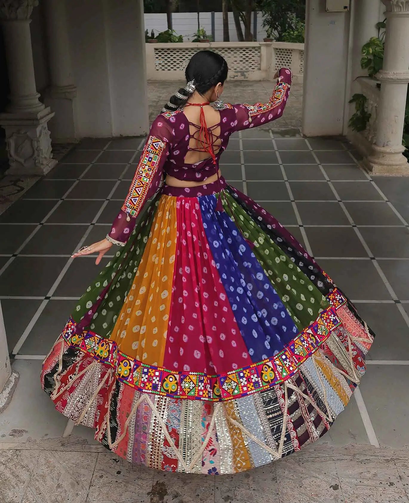 Multi Color Georgette Print With Gamthi Work Navratri Lehenga Choli