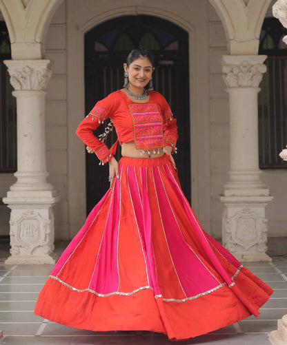 Fanta And Pink Color With Mirror Work Lehenga And Gamthi Work Blouse