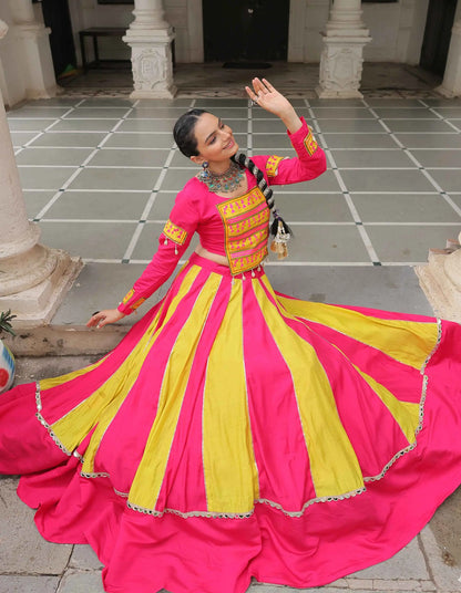 Perrot And Pink Color With Mirror Work Lehenga And Gamthi Work Blouse