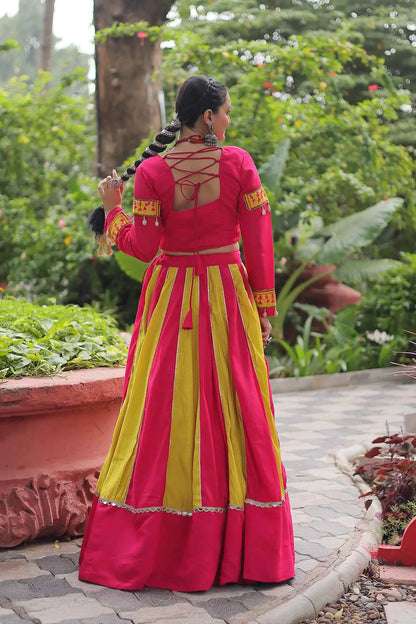 Perrot And Pink Color With Mirror Work Lehenga And Gamthi Work Blouse