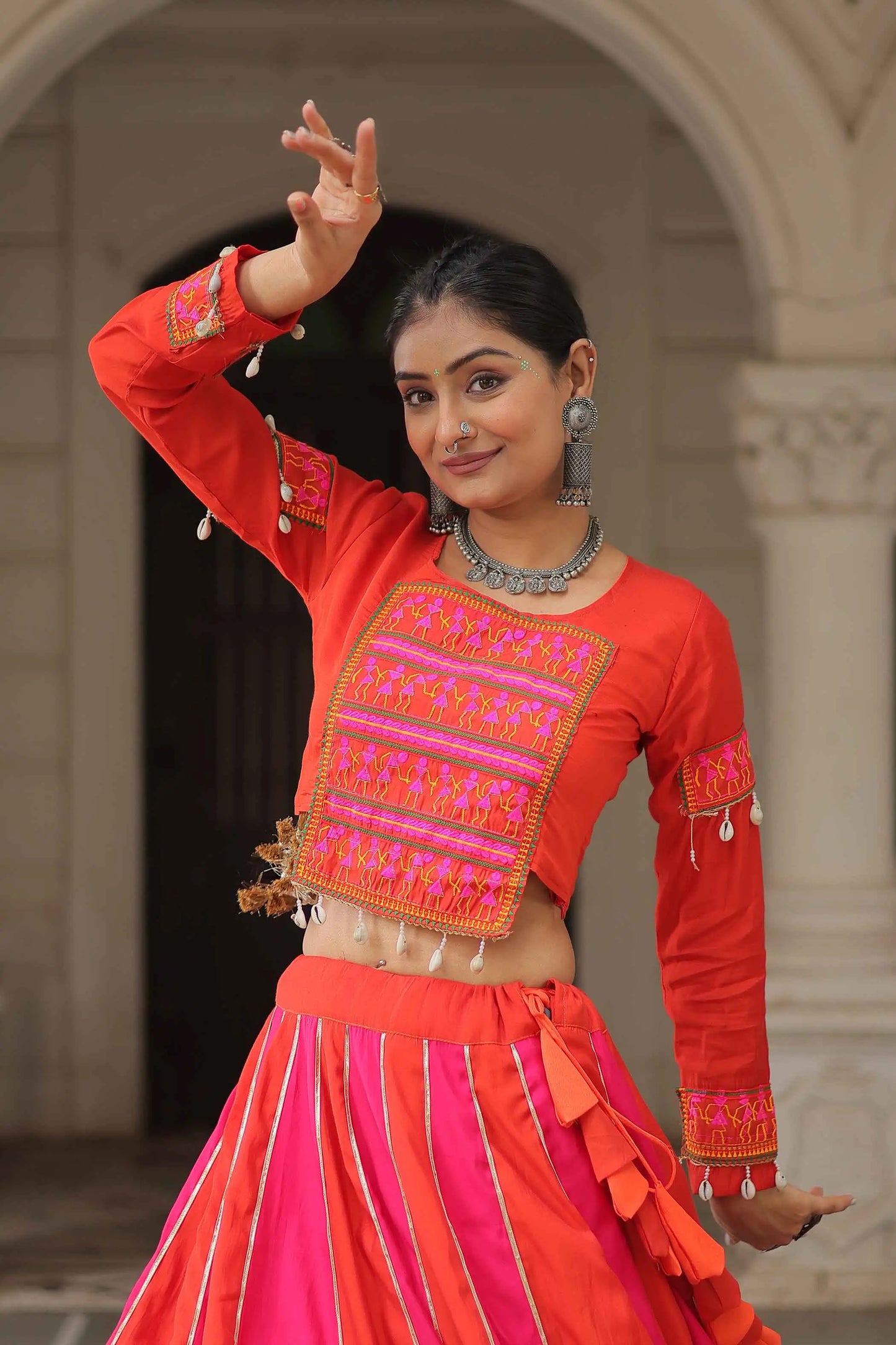 Fanta And Pink Color With Mirror Work Lehenga And Gamthi Work Blouse