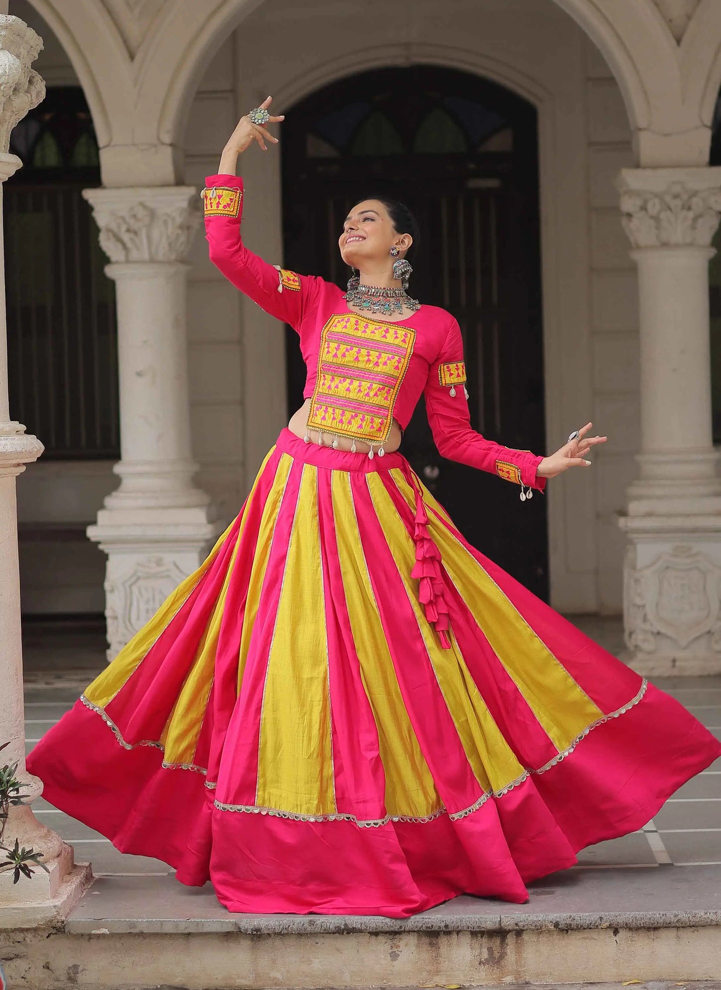 Perrot And Pink Color With Mirror Work Lehenga And Gamthi Work Blouse