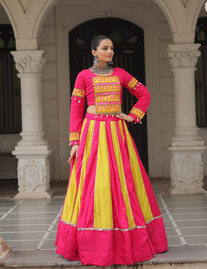 Perrot And Pink Color With Mirror Work Lehenga And Gamthi Work Blouse