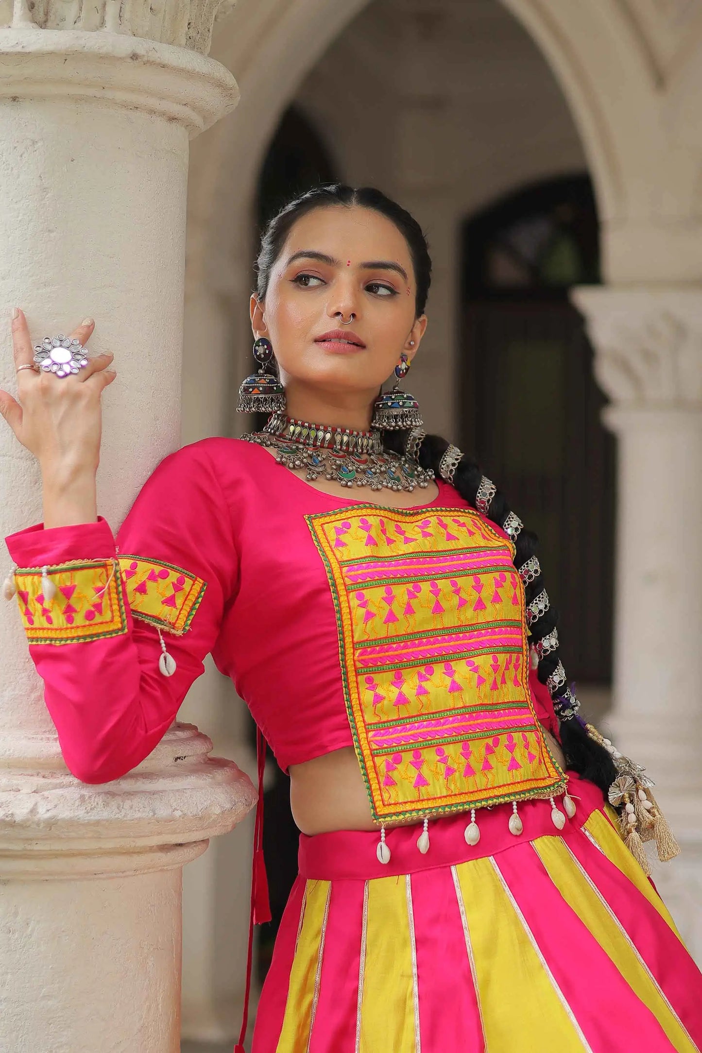 Perrot And Pink Color With Mirror Work Lehenga And Gamthi Work Blouse