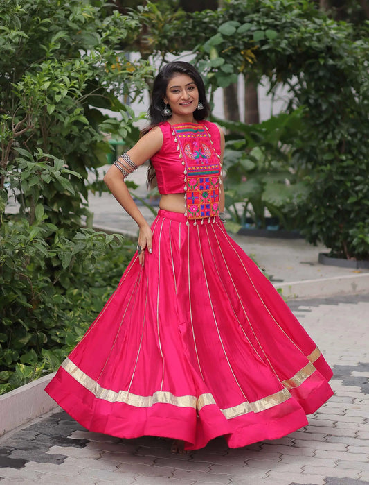 Red Pink Gamthi Mirror Work Roman Silk Navratri Lehenga Choli