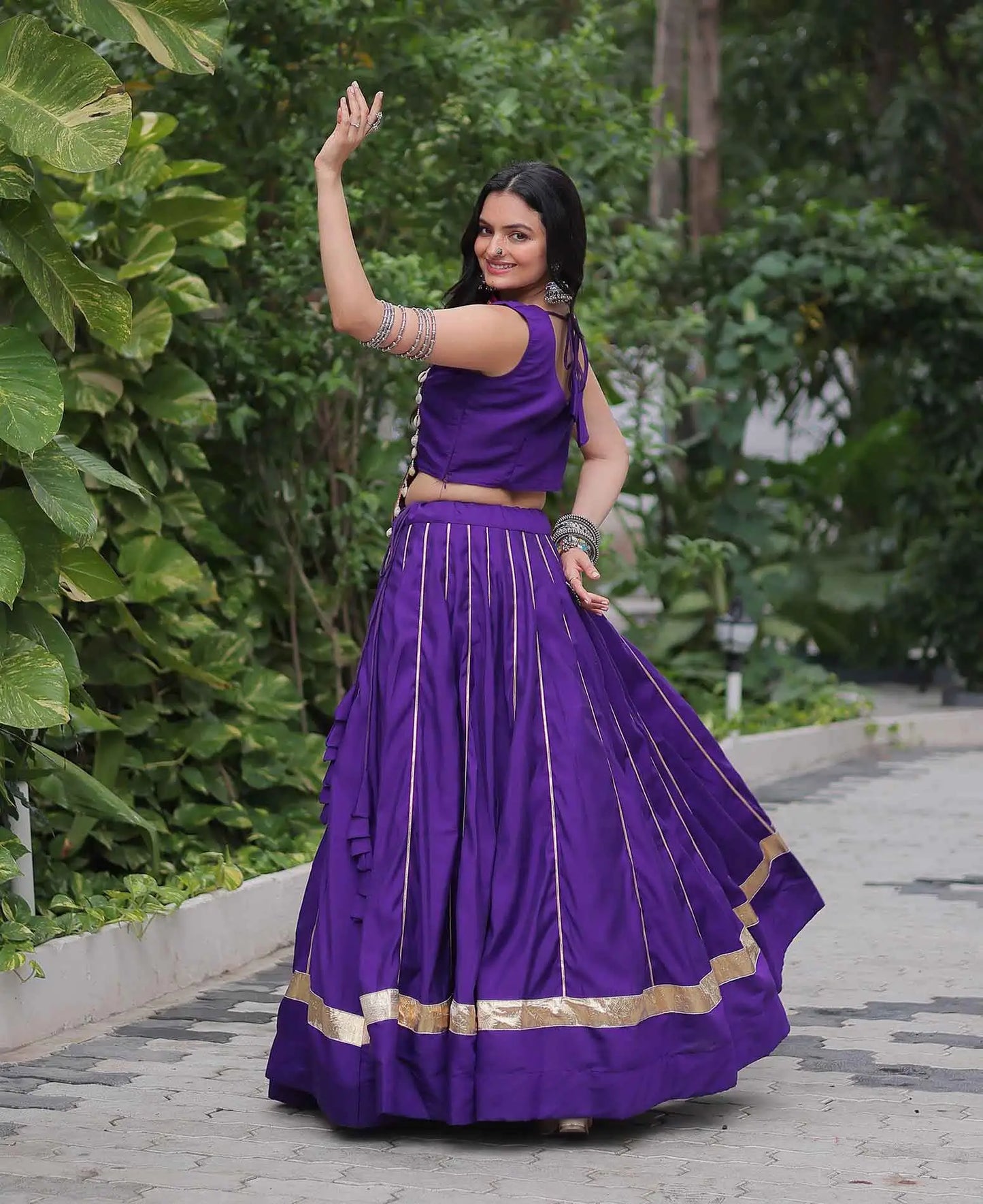 Purple Gamthi Mirror Work Roman Silk Navratri Lehenga Choli