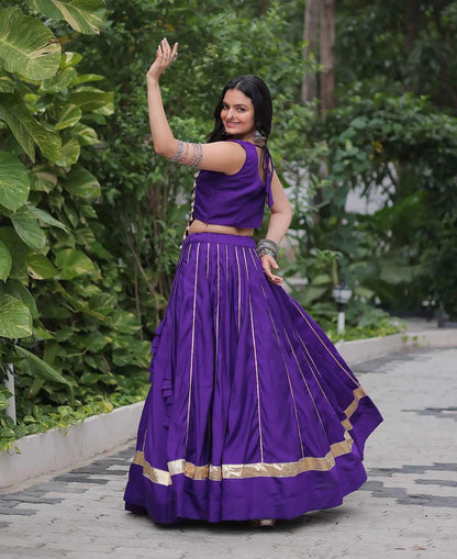 Purple Gamthi Mirror Work Roman Silk Navratri Lehenga Choli