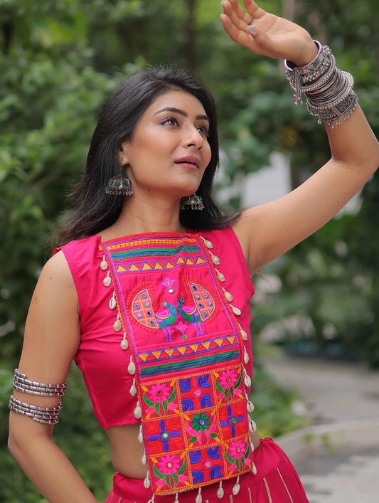 Red Pink Gamthi Mirror Work Roman Silk Navratri Lehenga Choli