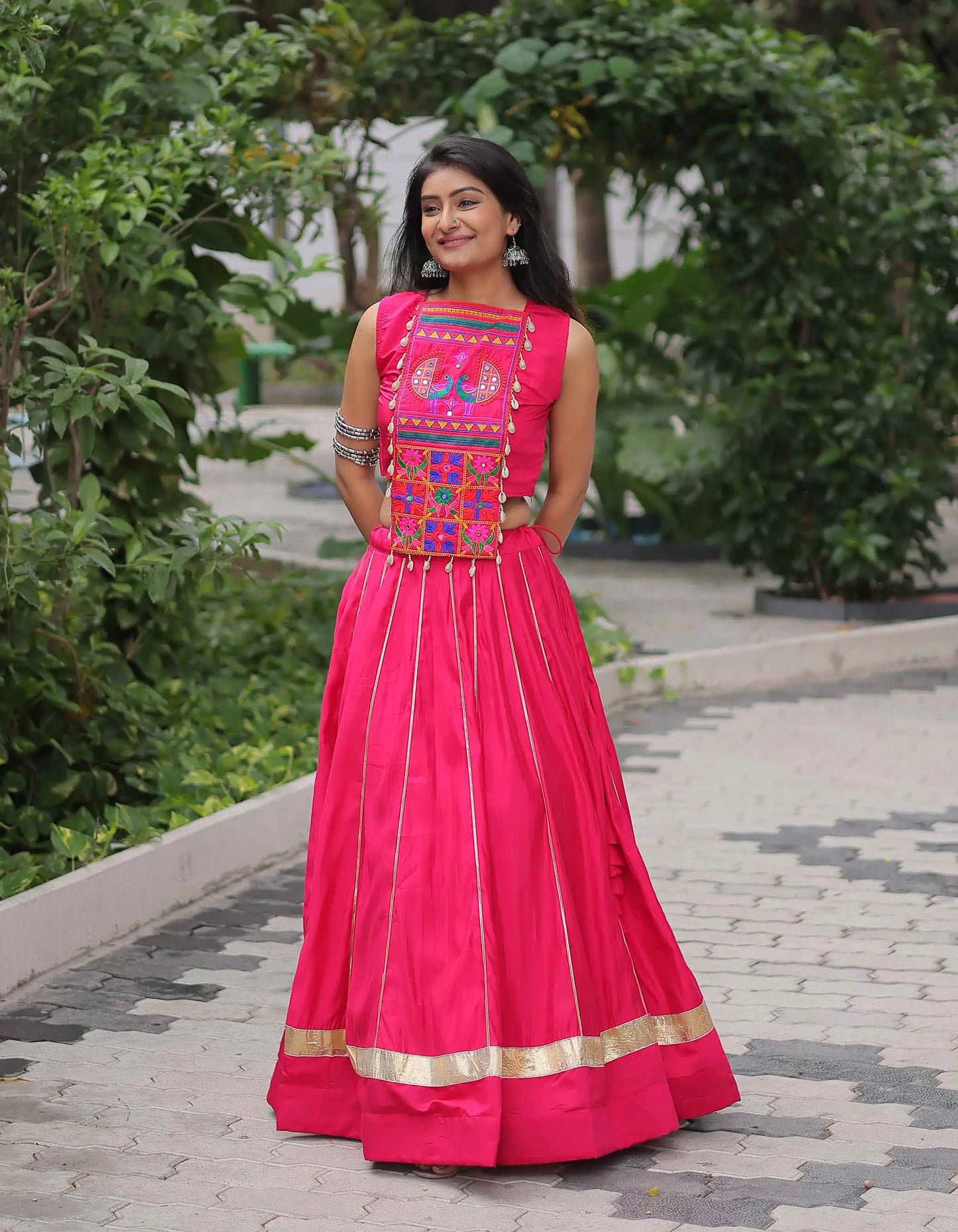 Red Pink Gamthi Mirror Work Roman Silk Navratri Lehenga Choli