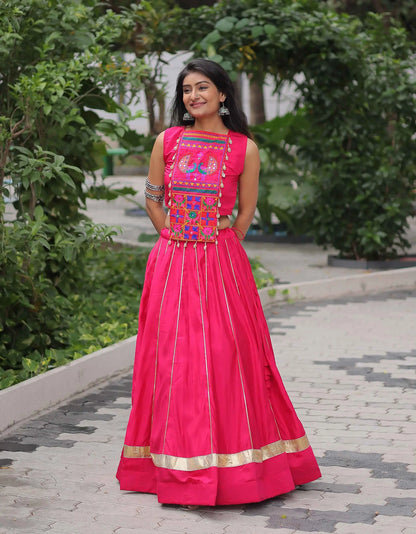 Red Pink Gamthi Mirror Work Roman Silk Navratri Lehenga Choli